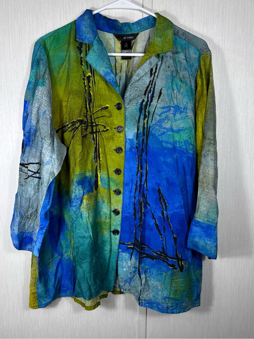 Ali Miles Tunic Top Women's Plus Size 1X Blue Geometric Lightweight Lagenlook